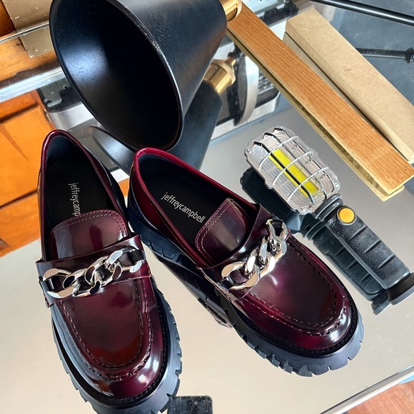 Jeffrey Campbell Burgundy Loafers with Chain Detail - Picture 3 of 9